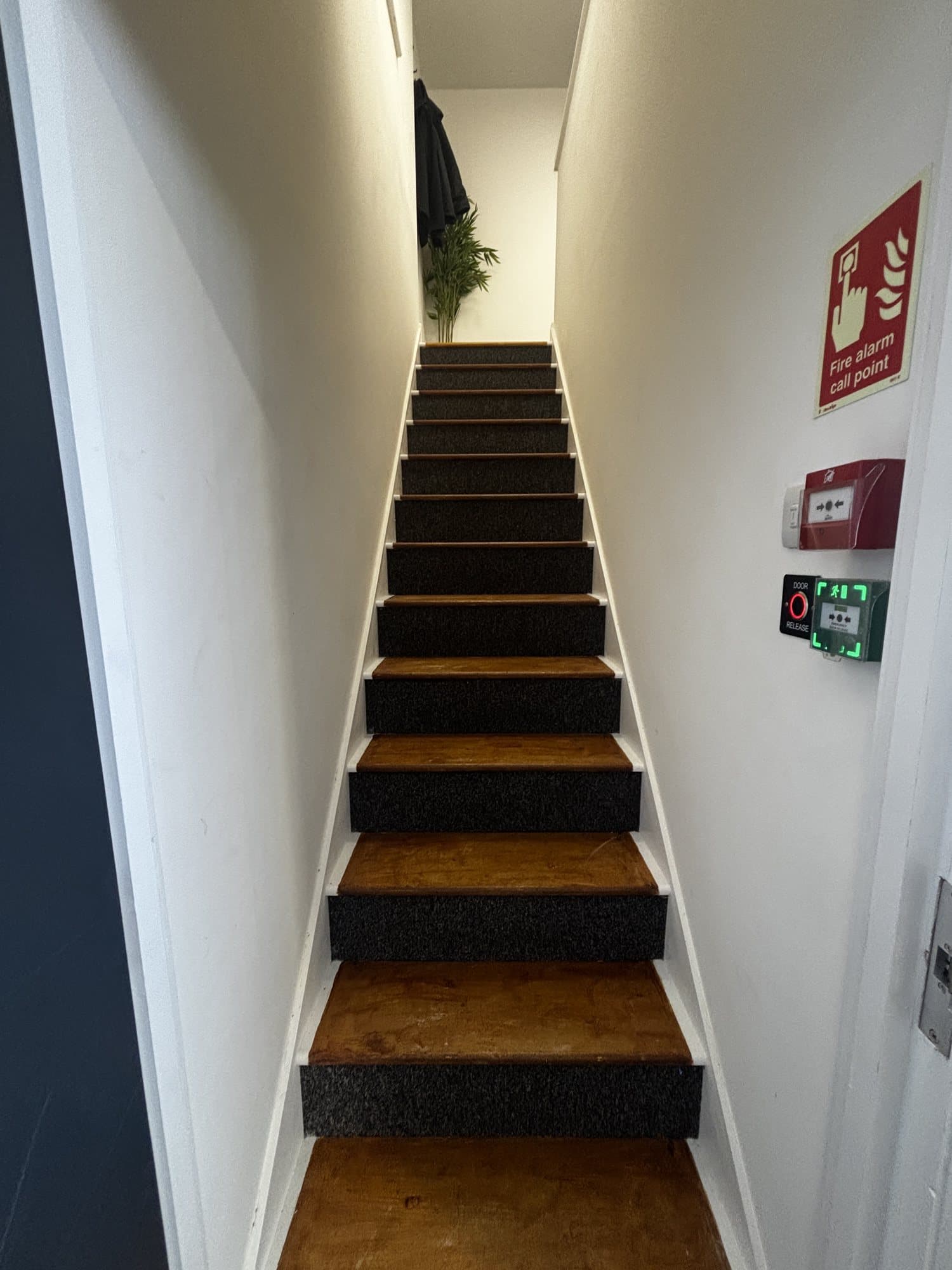 Carpeted staircase with a fire alarm call point and door release button on the wall